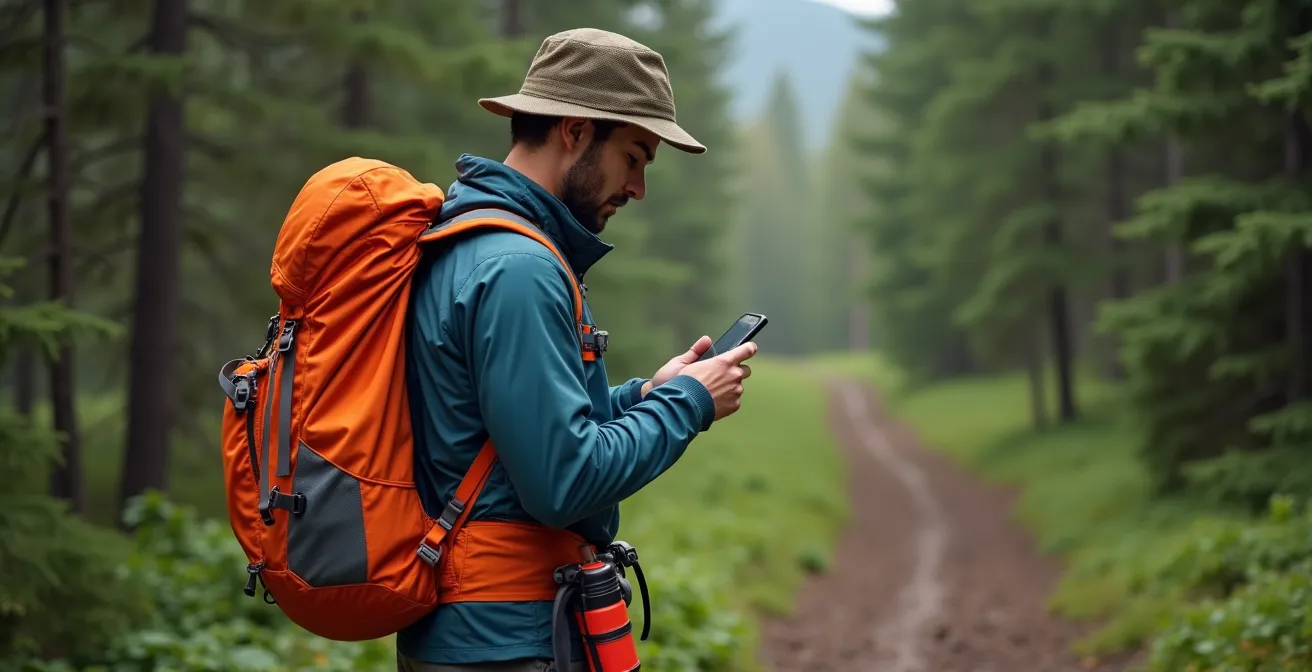 Randonneur équipé traversant une forêt canadienne dense avec équipement de sécurité