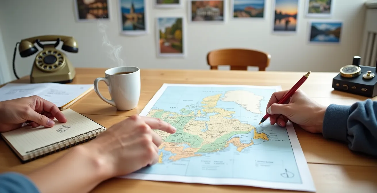 Personne consultant une carte du Canada et des sites de réservation sur un ordinateur portable