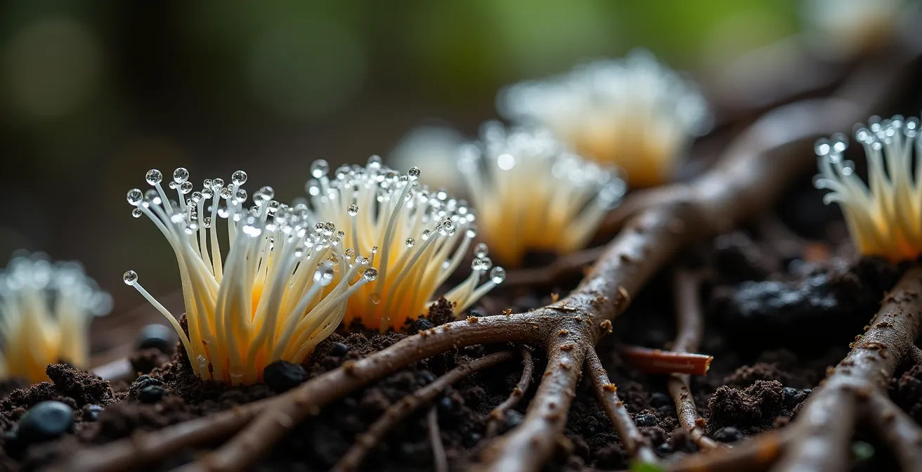 Vue macro du réseau de champignons mycorhiziens entrelacés avec les racines des arbres géants
