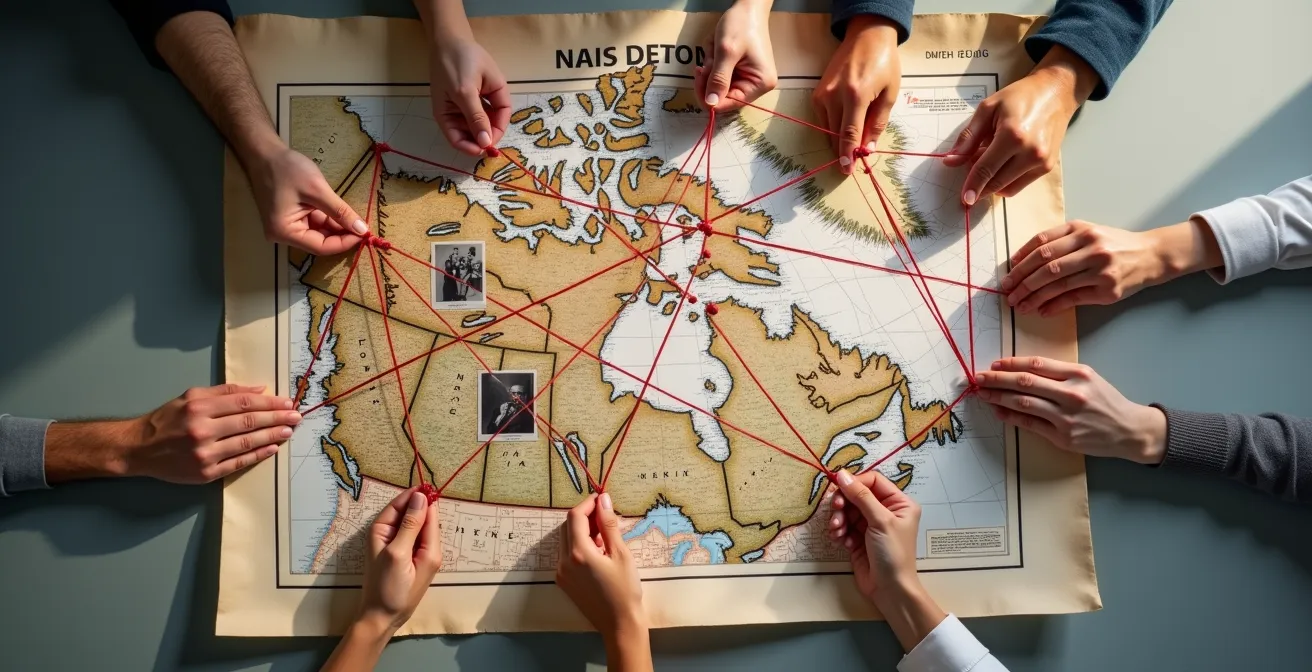 Illustration symbolique d'un réseau de connexions numériques reliant des communautés francophones à travers le Canada