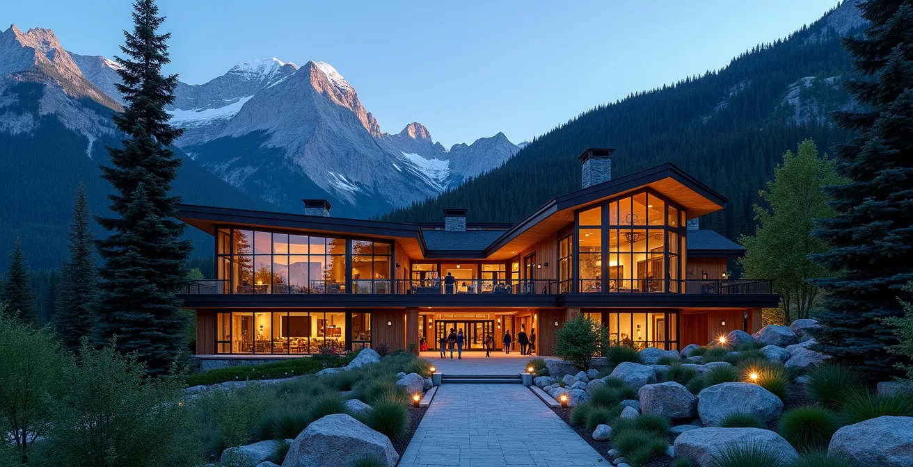 Resort moderne en montagne avec architecture contemporaine intégrée dans le paysage alpin