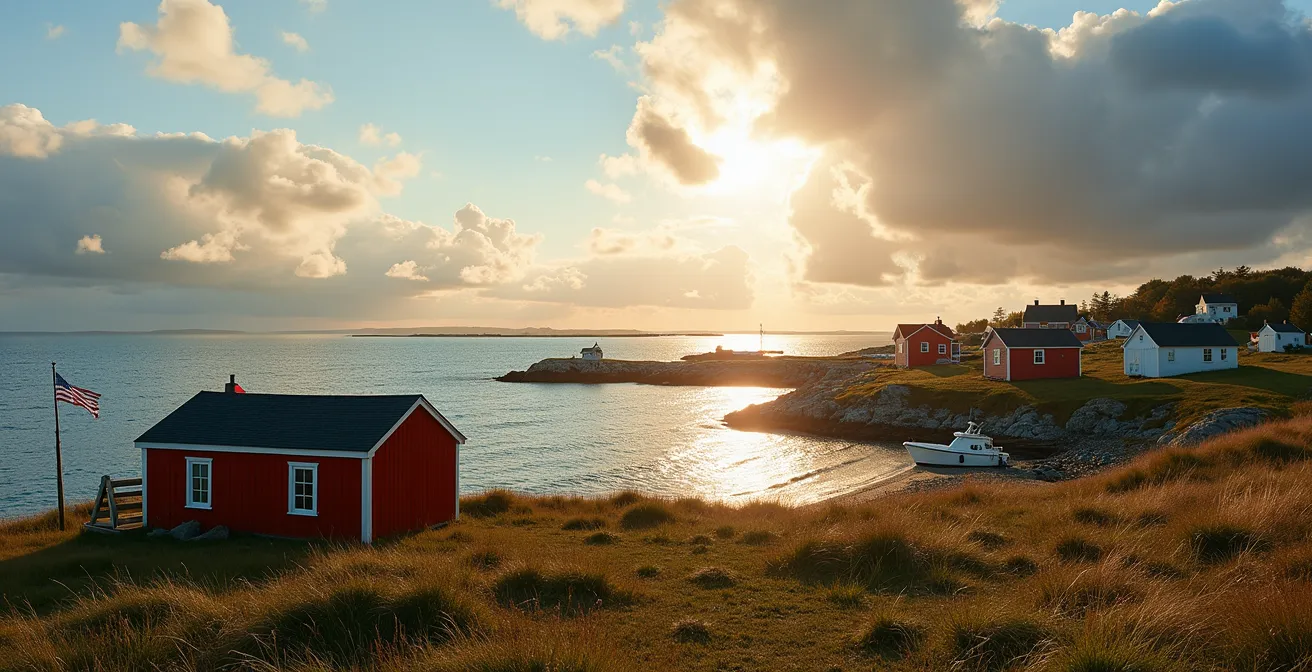 Paysage côtier acadien avec maisons colorées typiques et drapeaux acadiens flottant au vent
