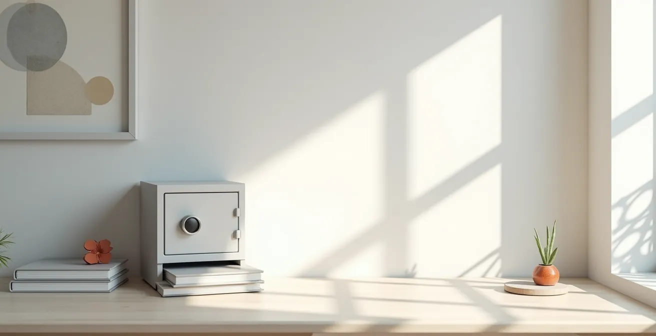 Vue minimaliste d'un bureau avec un petit coffre-fort entrouvert, symbolisant la protection et la sécurité des documents importants comme le NAS.