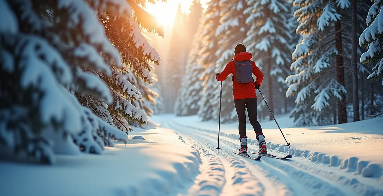 Skieur de fond glissant silencieusement entre les sapins enneigés dans une lumière dorée d'hiver