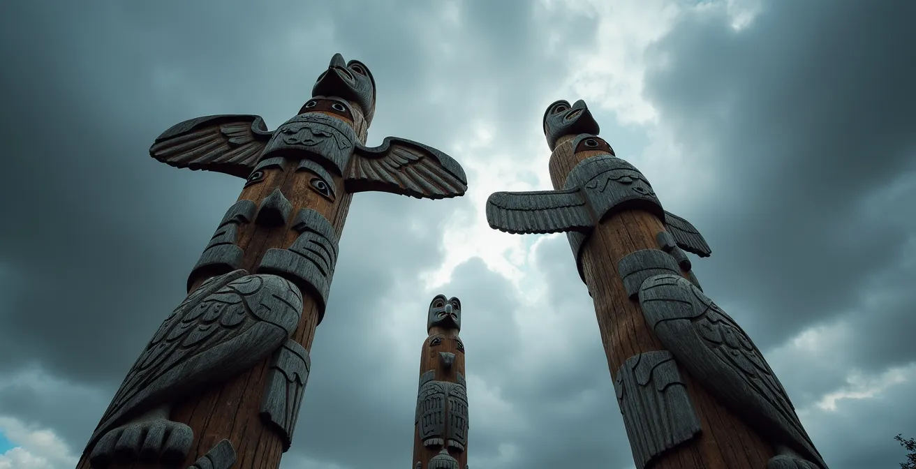 Totems monumentaux de Brockton Point photographiés en contre-plongée avec un ciel orageux