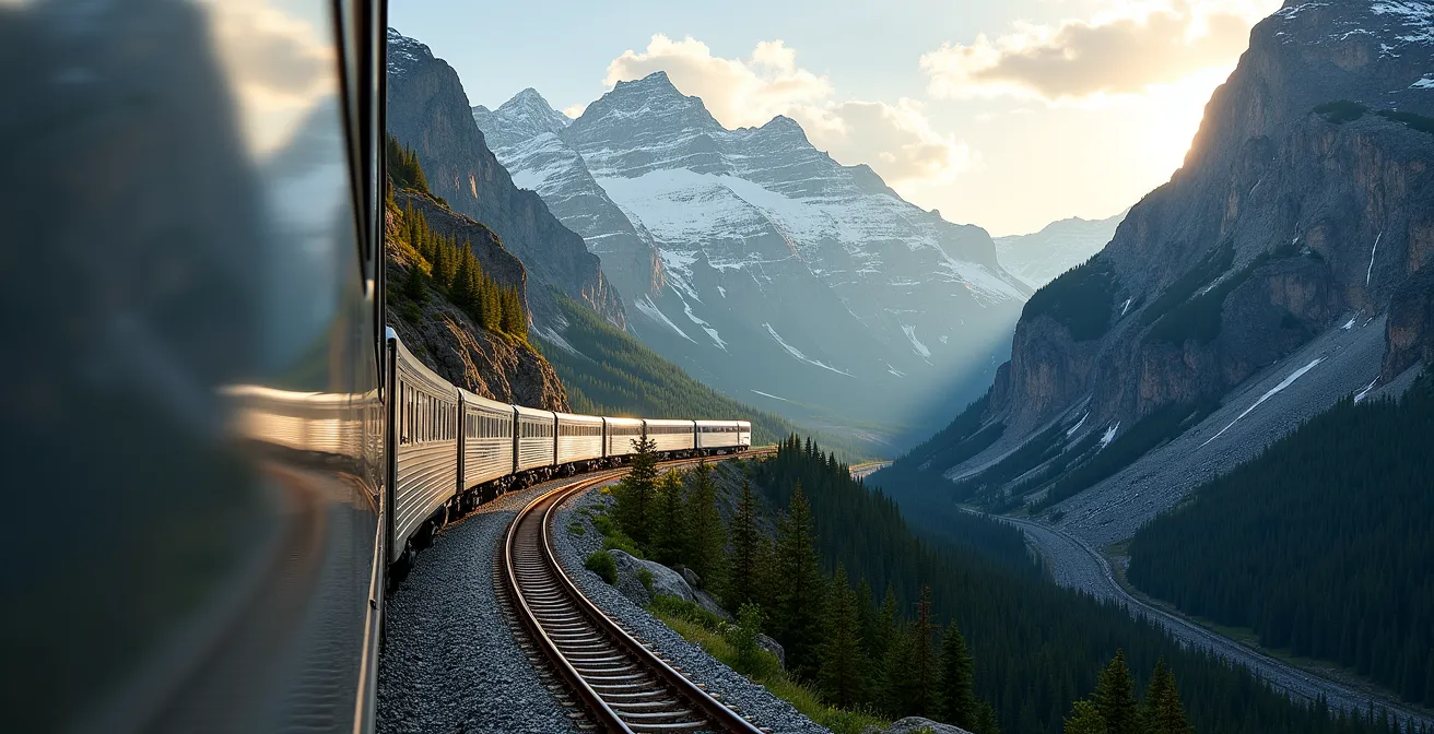 Train Le Canadien traversant les Rocheuses canadiennes avec montagnes enneigées en arrière-plan