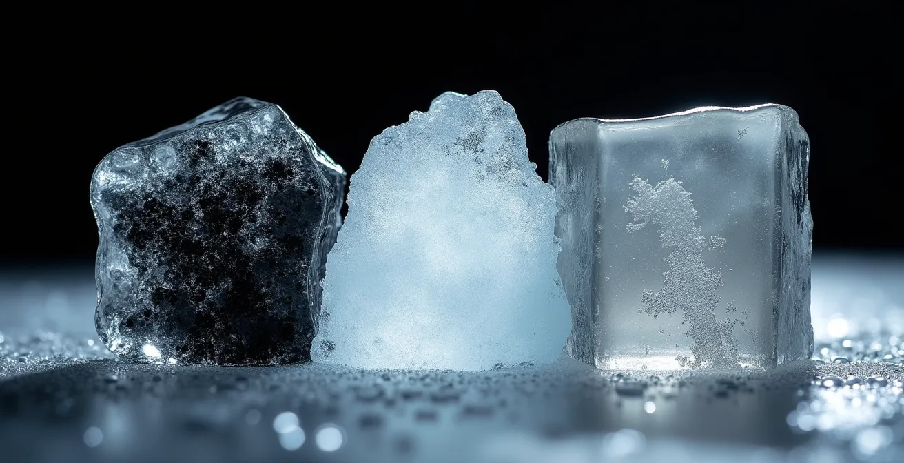 Comparaison visuelle des trois types de glace : noire transparente solide, blanche opaque moins dense et grise fondante à éviter.
