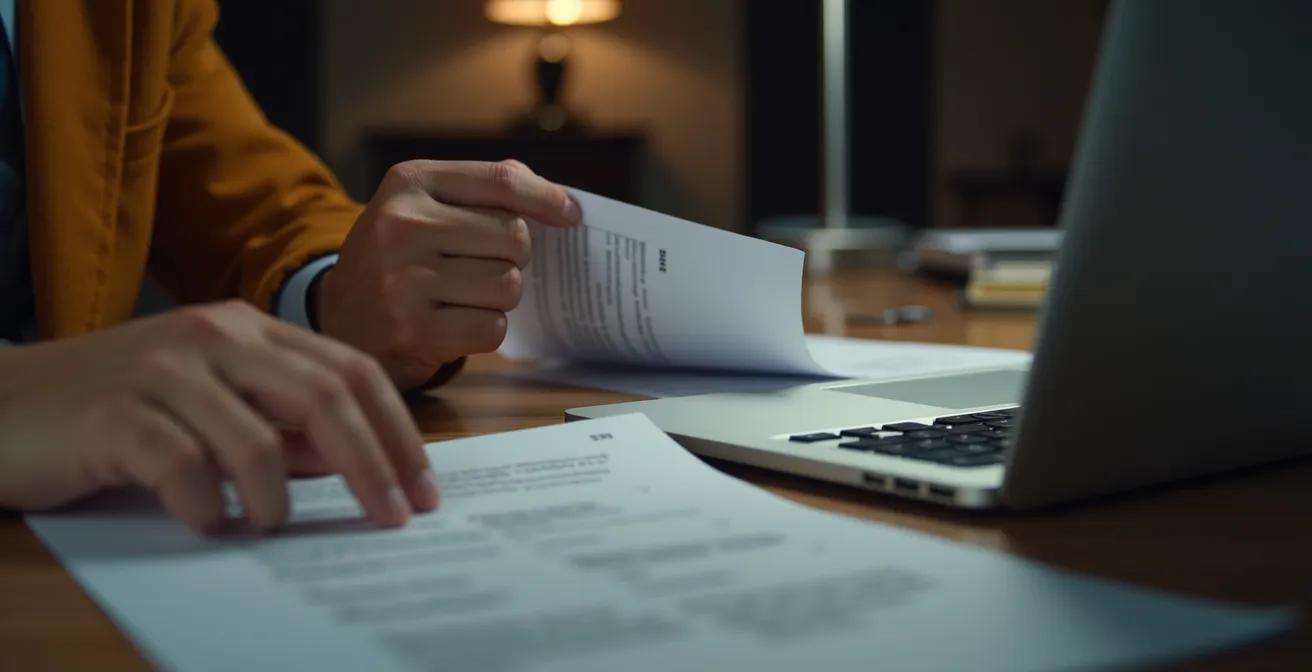 Étudiant international consultant des documents officiels d'immigration avec ordinateur portable montrant le site gouvernemental canadien