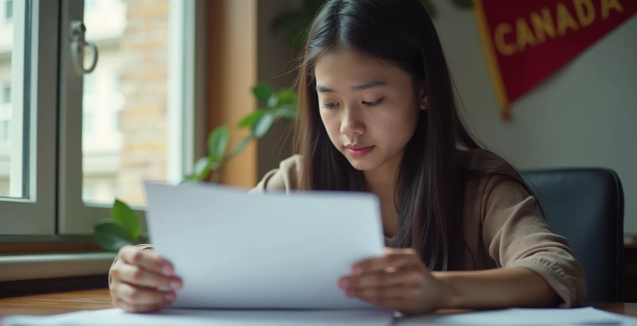 Étudiant examinant attentivement sa lettre d'acceptation d'un établissement canadien