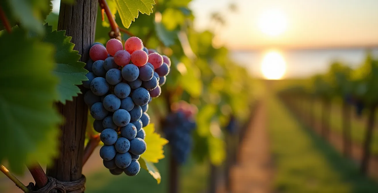 Rangées de vignes au premier plan avec le lac Ontario en arrière-plan