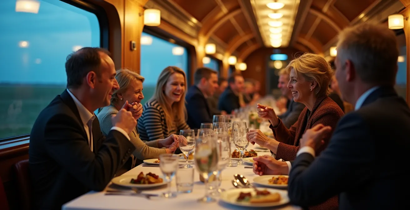 Intérieur du wagon-restaurant du train Canadien avec voyageurs en conversation