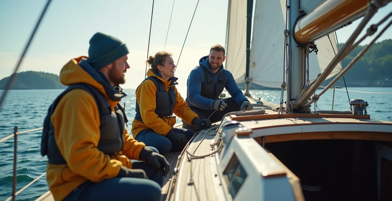 Voilier naviguant dans les eaux cristallines de la Baie Géorgienne avec îles rocheuses