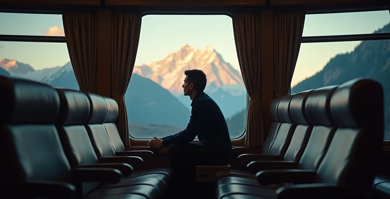 Passager seul dans une voiture panoramique contemplant l'immensité des Rocheuses canadiennes