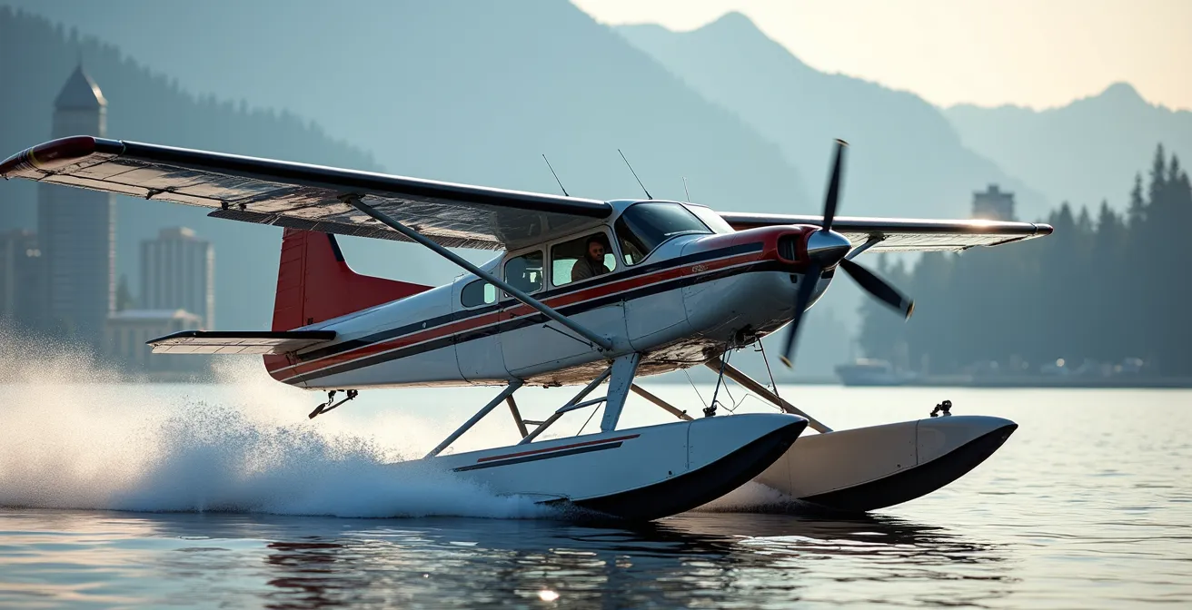 Hydravion décollant de la marina de Coal Harbour avec les montagnes en arrière-plan